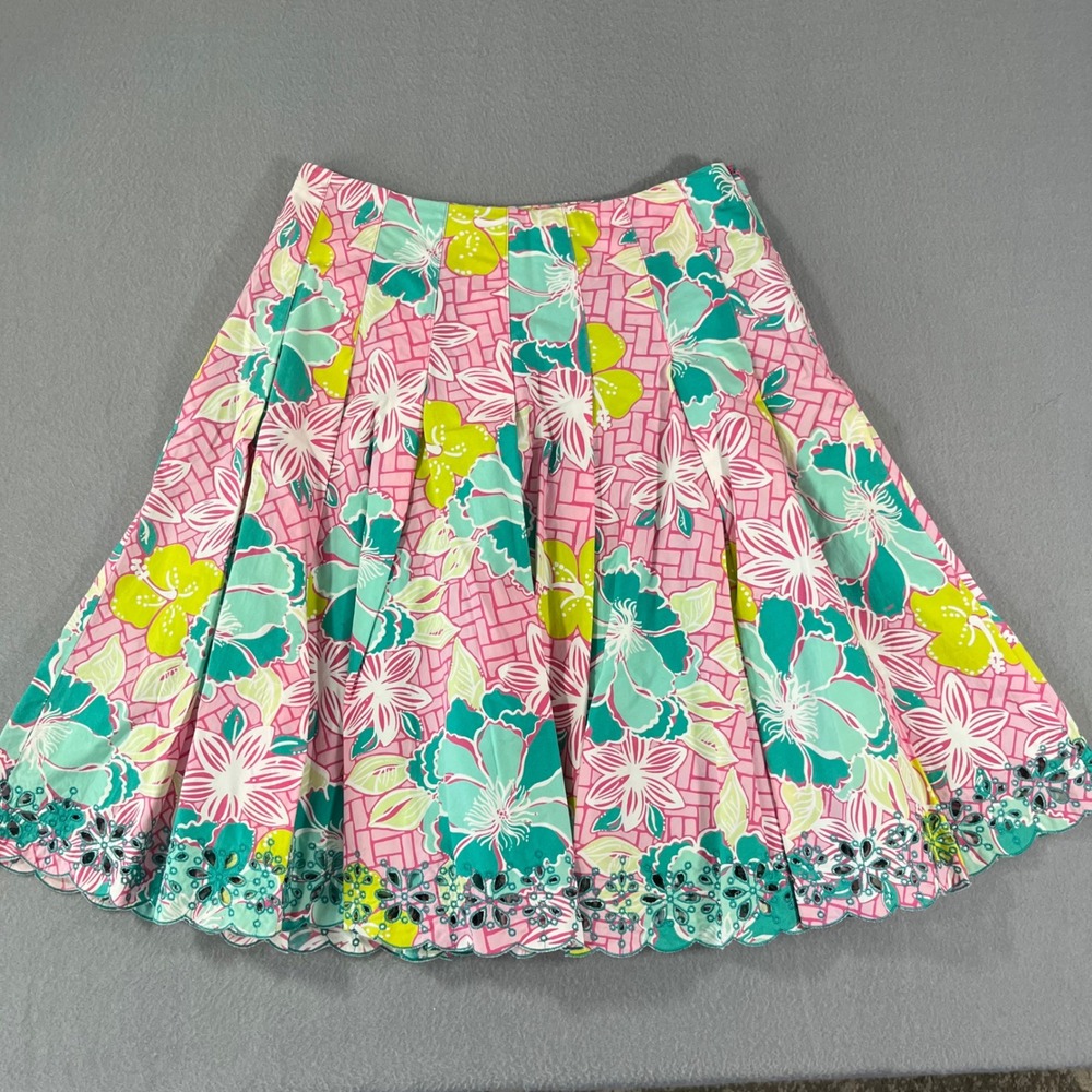 Lilly Pulitzer ingrid pleated Skirt Size 6 Floral Pink Teal‎ Eyelet Hem Women